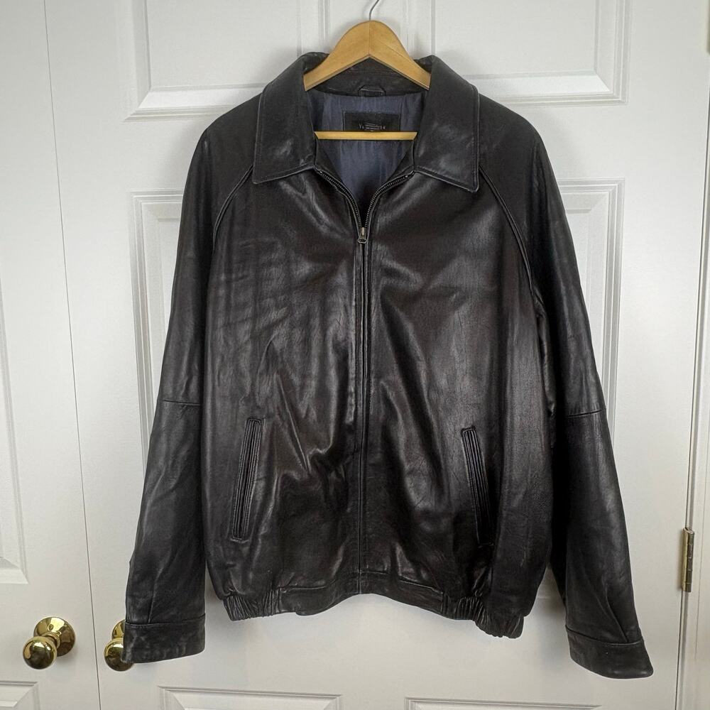 Van Heusen Leather Bomber Jacket Black Vintage Y2K 90s Zip Up Collared Mens XL